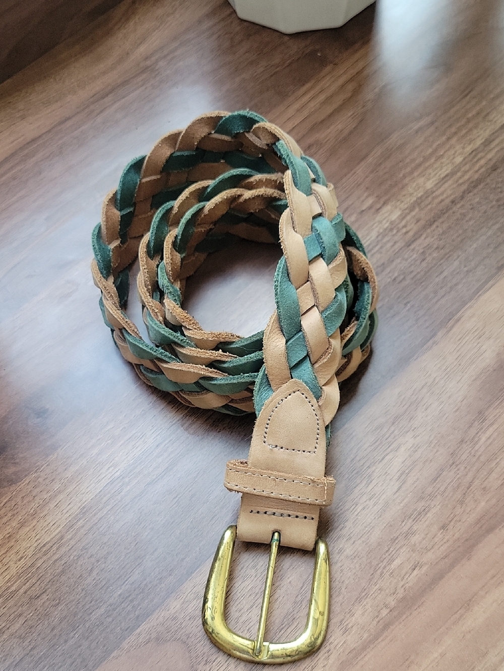 The Limited Braided Leather Tan and Green Belt with Gold Buckle